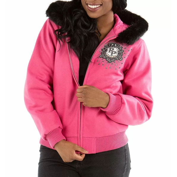 Pelle Pelle Women Pink Wool Crest Jacket | Fur Hood Jacket