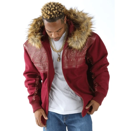 Pelle Pelle Men Red Wool Fur Hood Jacket | Studs Jacket view 2
