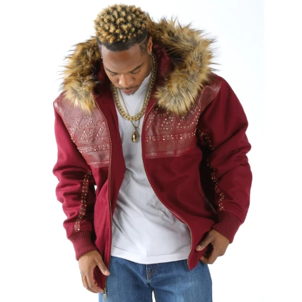 Pelle Pelle Maroon Fur Hood Wool Jacket | Men Jacket view 1