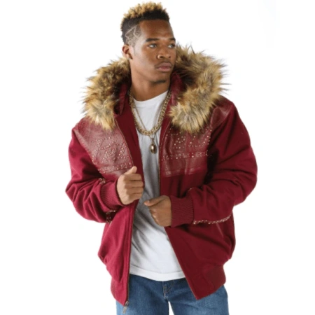 Pelle Pelle Men Red Wool Fur Hood Jacket | Studs Jacket view 1