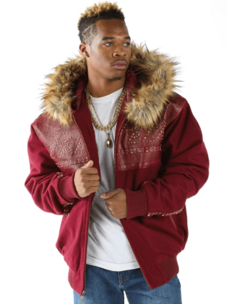Pelle Pelle Men Red Wool Fur Hood Jacket | Studs Jacket