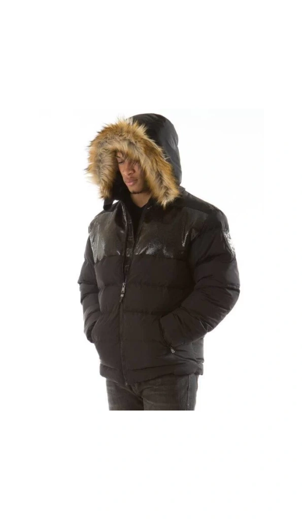 Pelle Pelle Black Snakeskin Puffer Jacket | Fur Hood Jacket