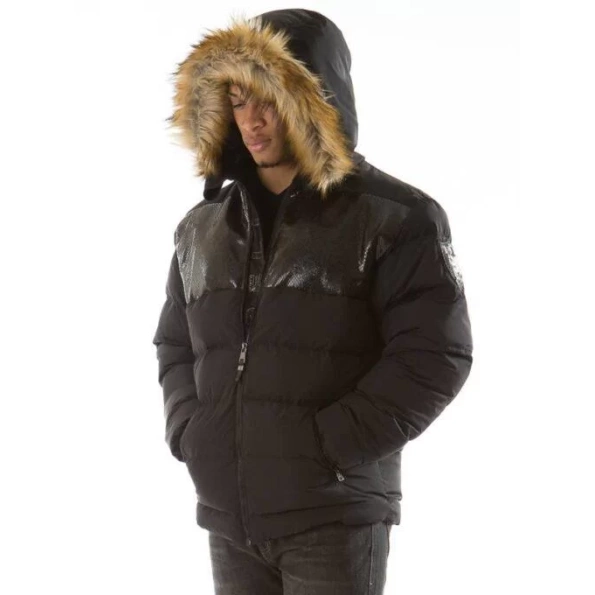 Pelle Pelle Black Snakeskin Puffer Jacket | Fur Hood Jacket