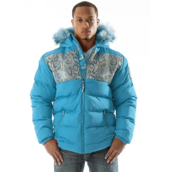 Pelle Pelle Blue Puffer Fur Hood Jacket | Snakeskin Jacket
