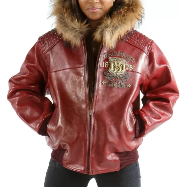 Pelle Pelle Women Red MB Leather Jacket | Fur Hood Jacket