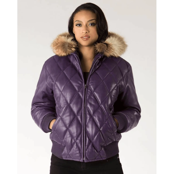 Pelle Pelle Purple Quilted Leather Jacket | Fur Hood Jacket