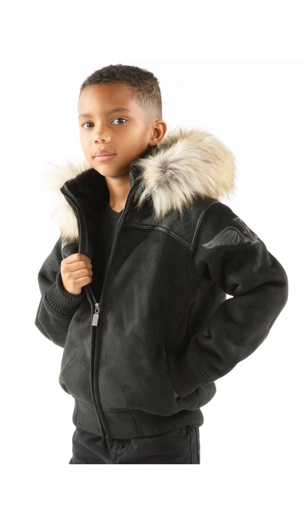 Pelle Pelle Black Kids Fur Hood Jacket | Wool Jacket
