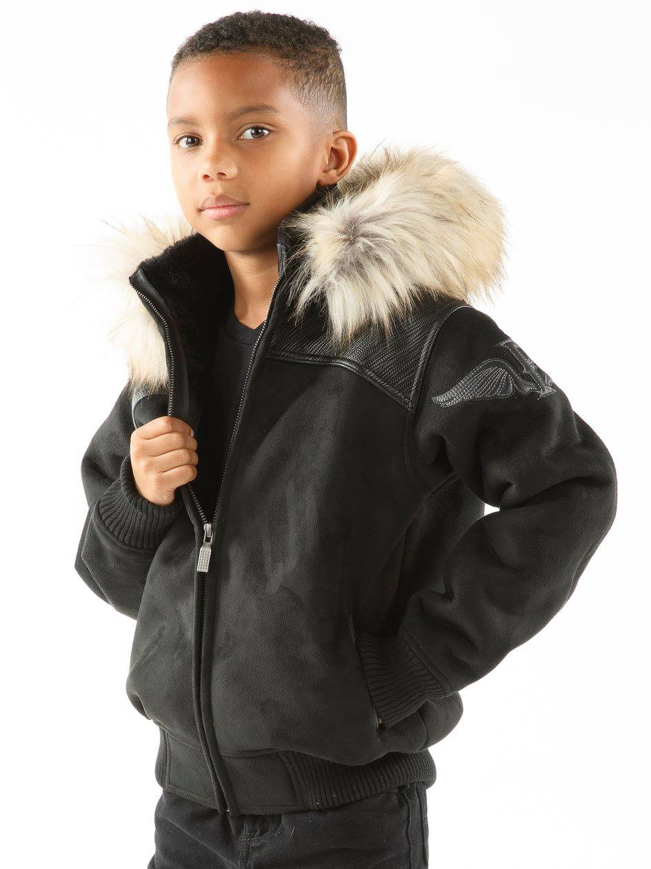 Pelle Pelle Black Kids Fur Hood Jacket | Wool Jacket