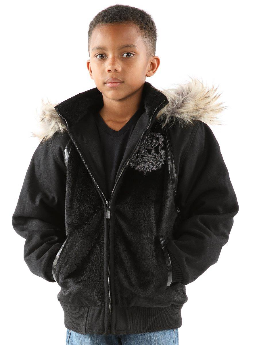 Pelle Pelle Kids Black Patched Wool Jacket | Fur Hood Jacket view 1