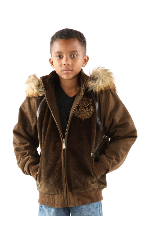 Pelle Pelle Brown Patched Kids Wool Jacket | Fur Hood Jacket