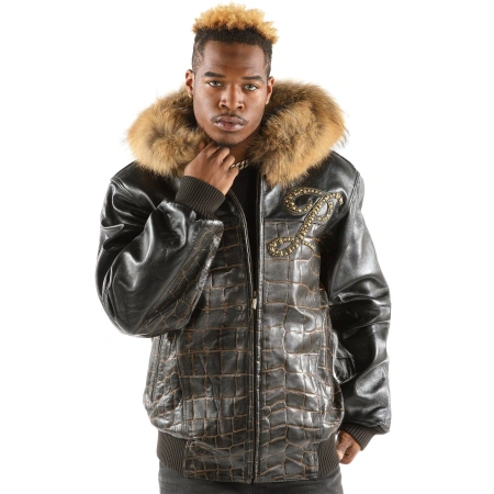 Pelle Pelle Black Men Croc Leather Jacket | Fur Hood Jacket view 2