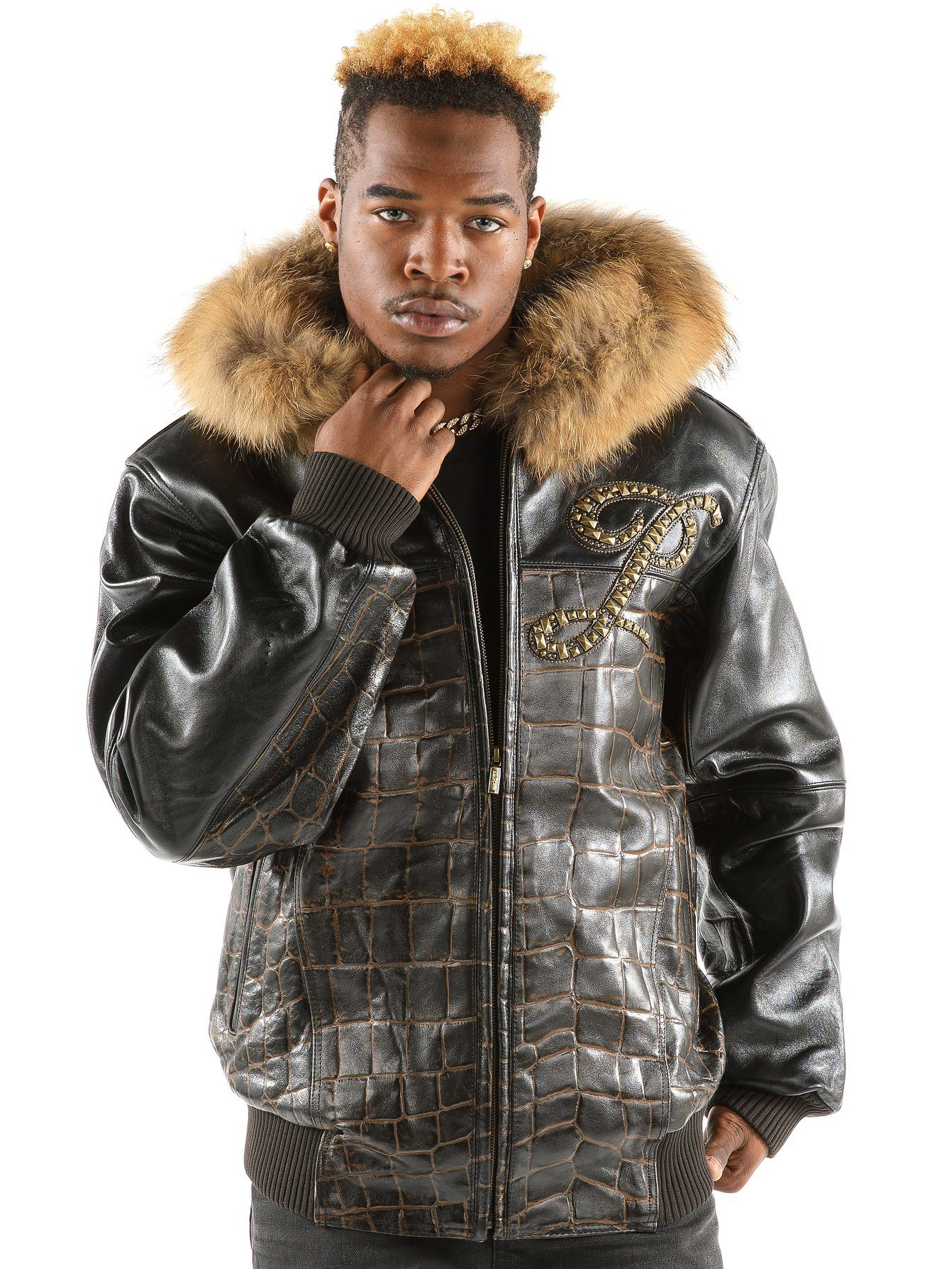 Pelle Pelle Black Men Croc Leather Jacket | Fur Hood Jacket view 2