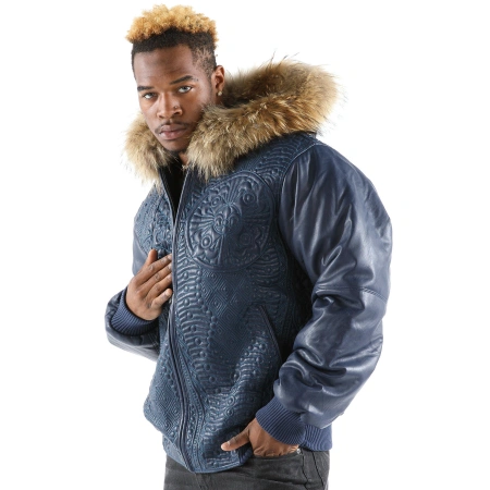 Pelle Pelle Men Dark Blue Encrusted Jacket | Fur Hood Jacket