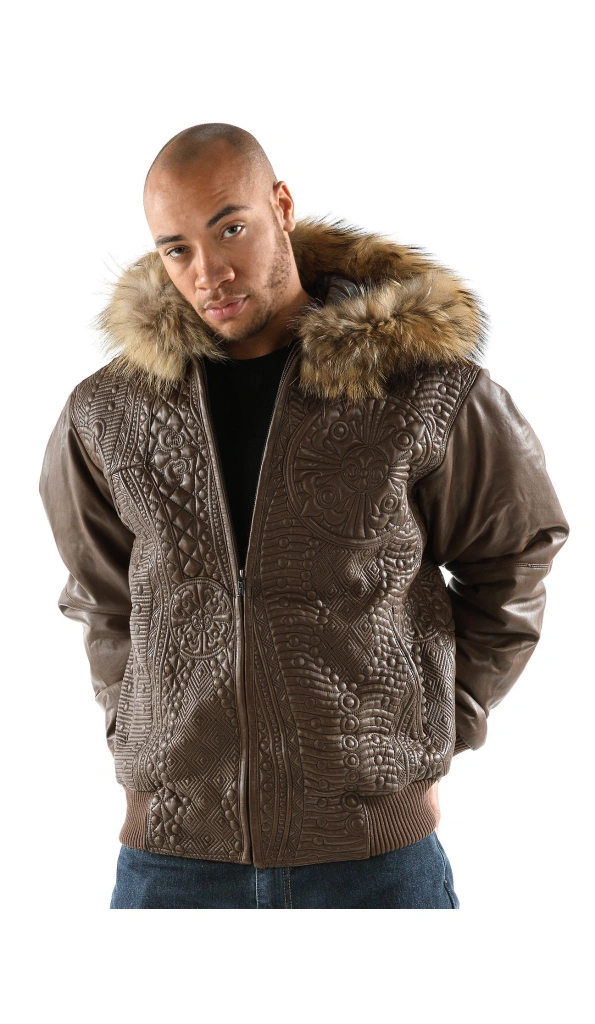 Pelle Pelle Men Brown Encrusted Jacket | Fur Hood Jacket