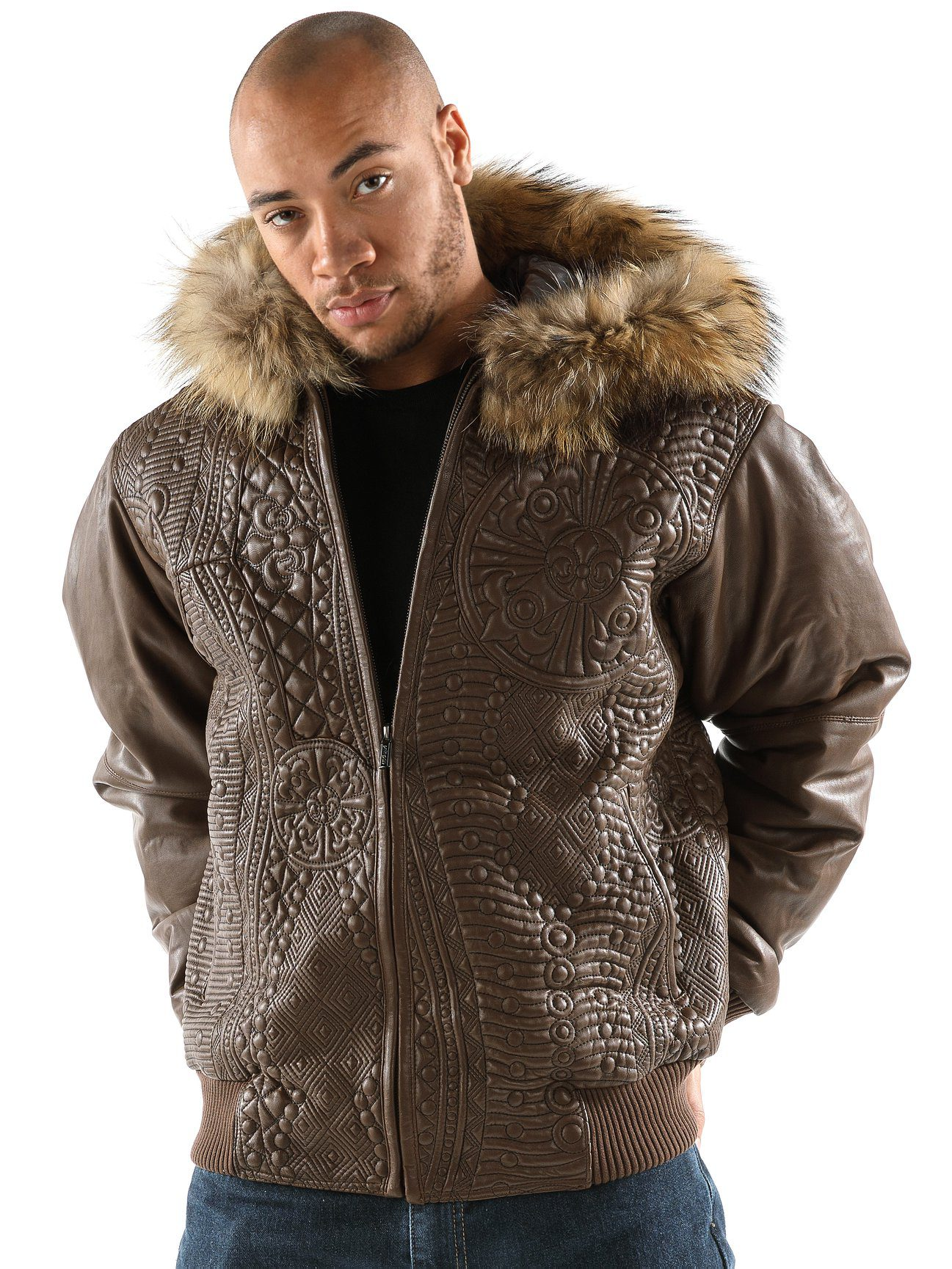 Pelle Pelle Men Brown Encrusted Jacket | Fur Hood Jacket view 1