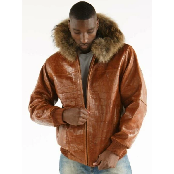 Pelle Pelle Brown Men Croc Leather Jacket | Fur Hood Jacket