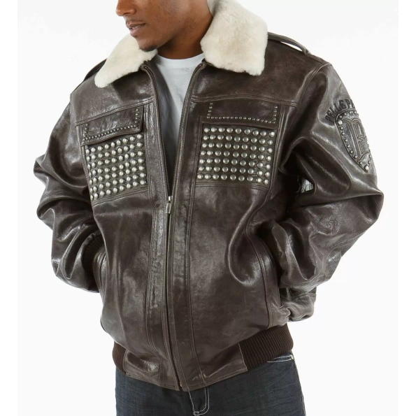 Pelle Pelle Men Fur Collar Dark Brown Jacket | Studs Jacket view 1