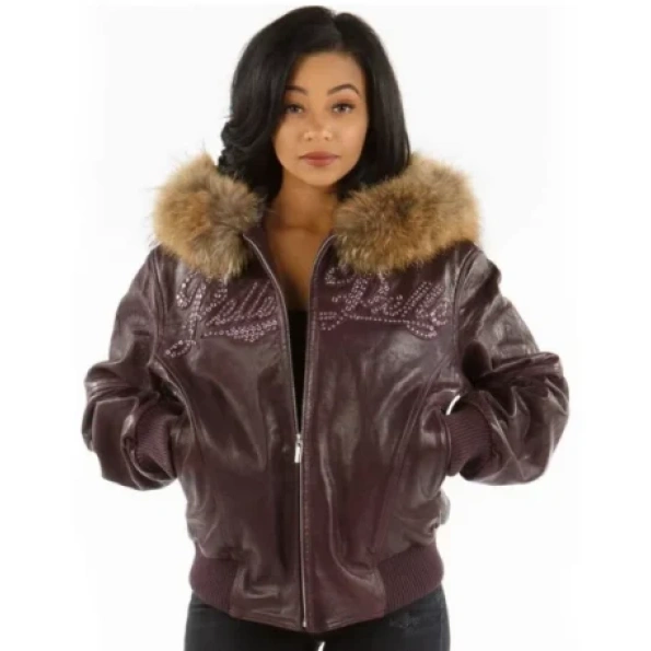 Pelle Pelle Burgundy Fur Hood Leather Jacket | Women Jacket