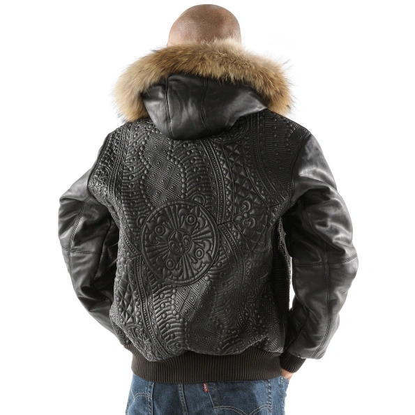 Pelle Pelle Men Black Encrusted Leather Jacket | Fur Hooded view 1