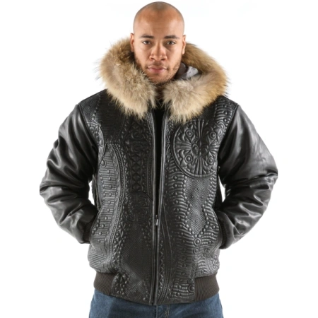 Pelle Pelle Men Black Encrusted Leather Jacket | Fur Hooded view 2