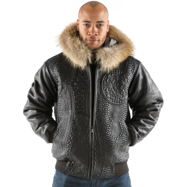 Pelle Pelle Men Black Encrusted Leather Jacket | Fur Hooded view 2