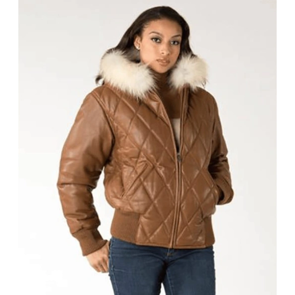 Pelle Pelle Women Brown Quilted Leather Jacket | Fur Hood view 3