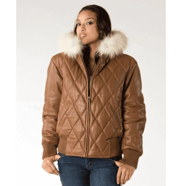 Pelle Pelle Women Brown Quilted Leather Jacket | Fur Hood