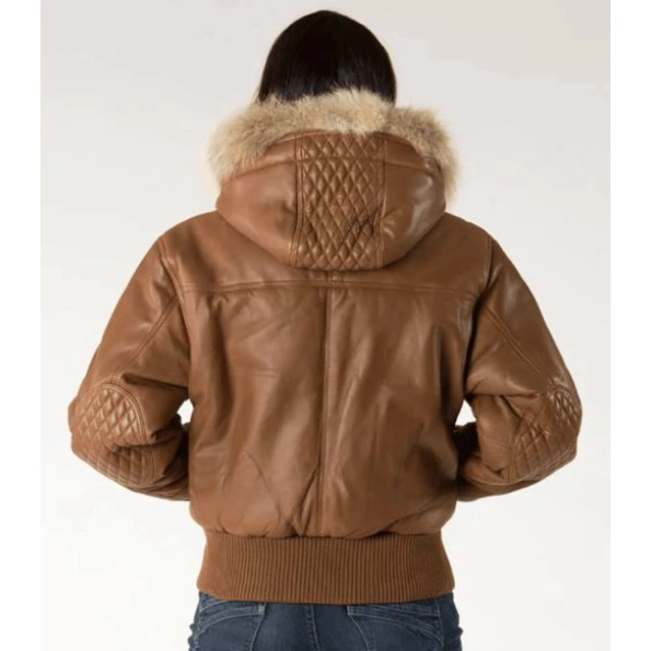 Pelle Pelle Women Brown Quilted Leather Jacket | Fur Hood view 2