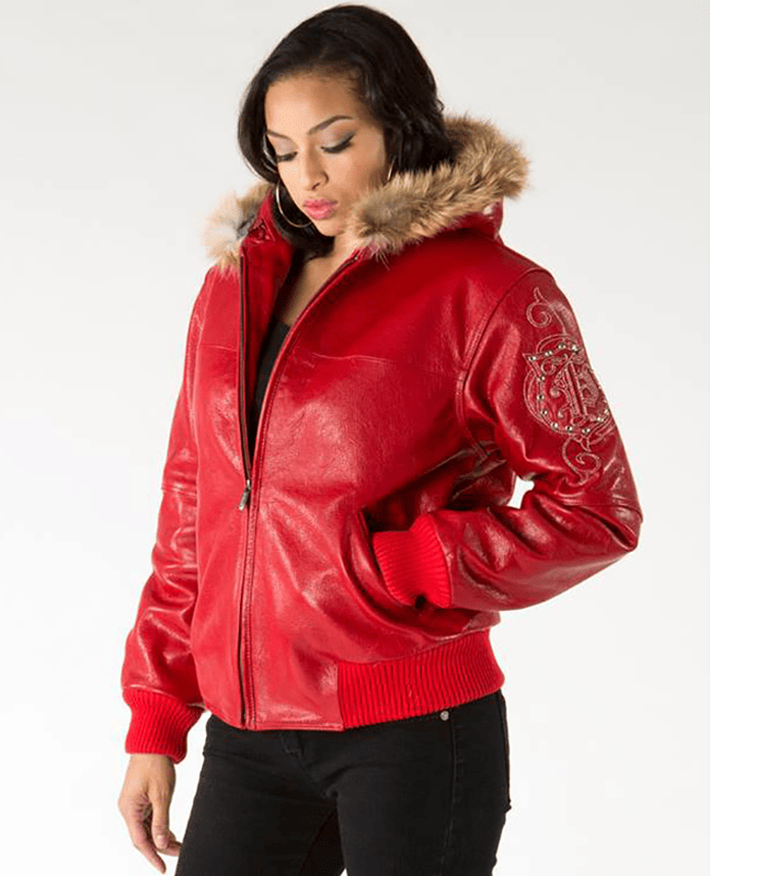 Pelle Pelle Red Women Fur Hood Leather Jacket