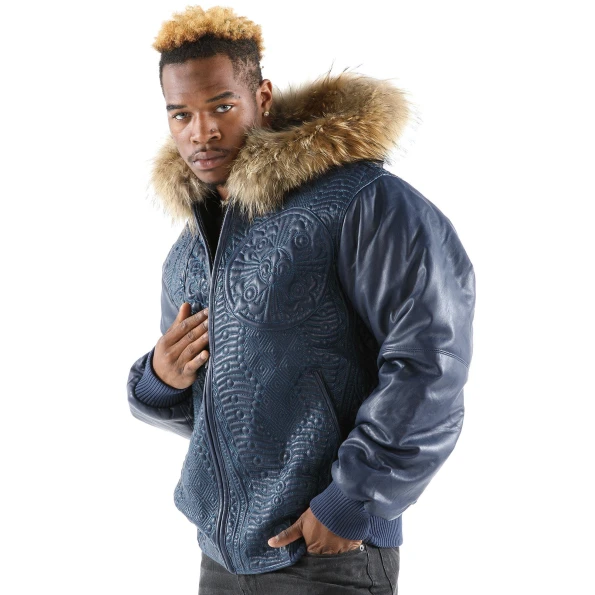 Pelle Pelle Encrusted Blue Fur Hood Jacket | Leather Jacket