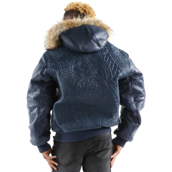 Pelle Pelle Encrusted Blue Fur Hood Jacket | Leather Jacket view 2