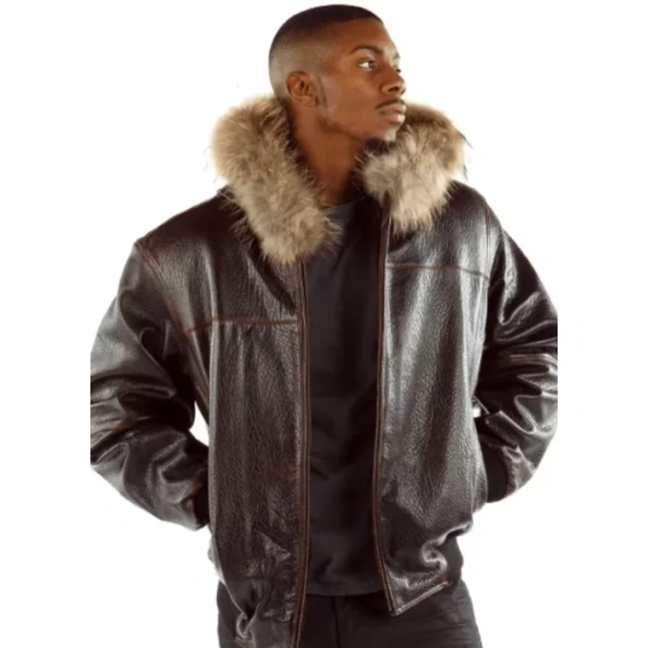 Pelle Pelle Men Dark Brown Scripted Jacket | Fur Hood Jacket