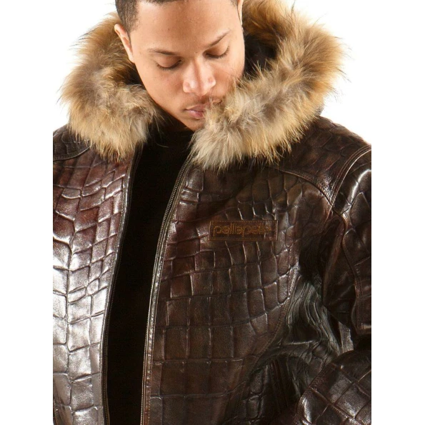 Pelle Pelle Dark Brown Croc Leather Jacket | Fur Hood Jacket view 1