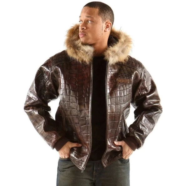 Pelle Pelle Dark Brown Croc Leather Jacket | Fur Hood Jacket view 3